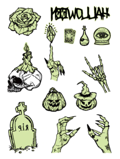 Halloween 2023 BSLE031 (large sheet) | Glow in the dark temporary tattoos