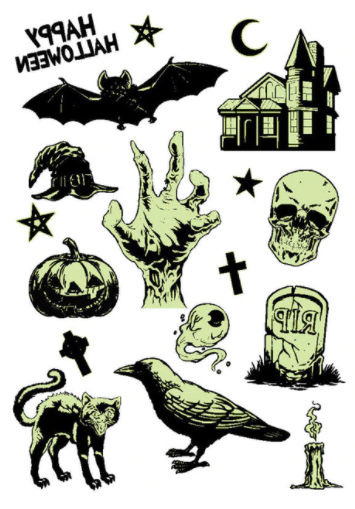 Halloween 2023 BSLE039 (large sheet) | Glow in the dark temporary tattoos